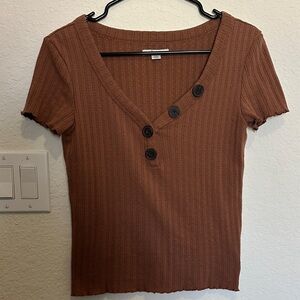 American Eagle Outfitters Brown Ribbed Button Tee